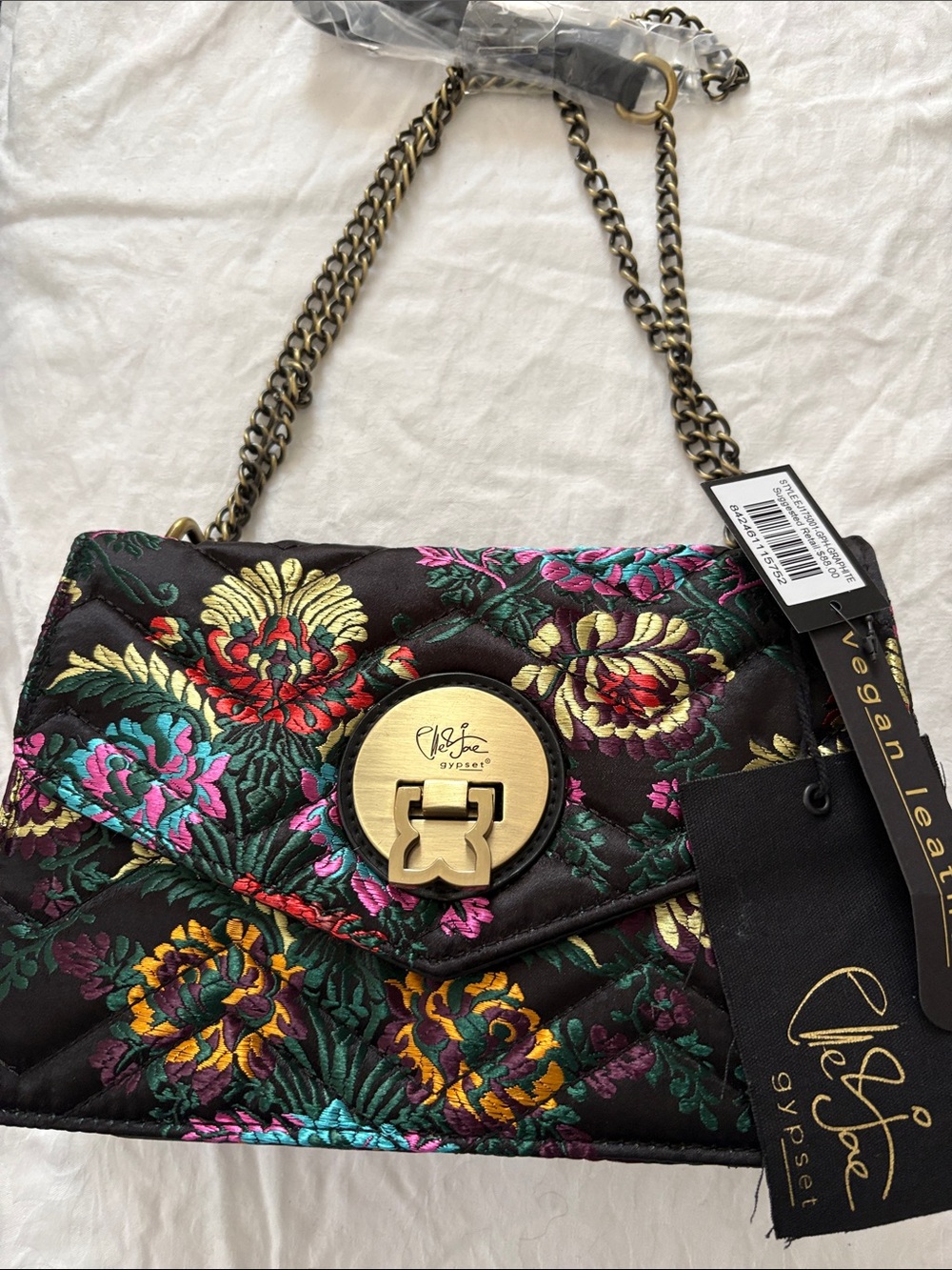 Cleobella Black Quilted Crossbody with Multicolor Floral Embroidery